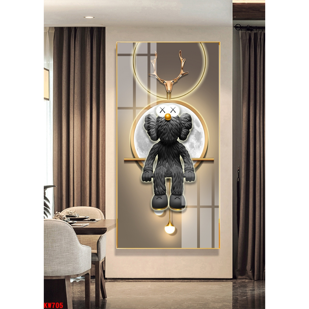 Tranh tráng gương lớn 130x60cm gấu KAWS bearick loại cao cấp - chính hãng tráng gương