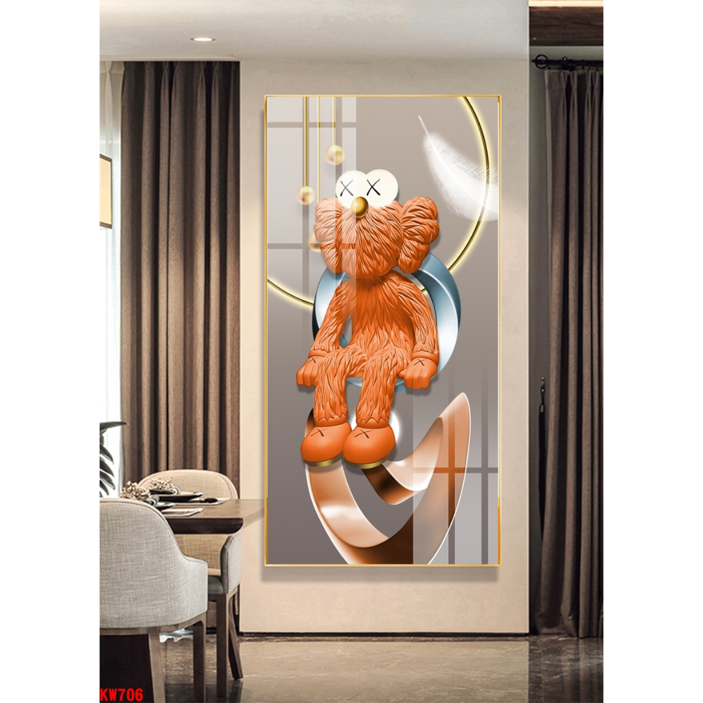 Tranh tráng gương lớn 130x60cm gấu KAWS bearick loại cao cấp - chính hãng tráng gương