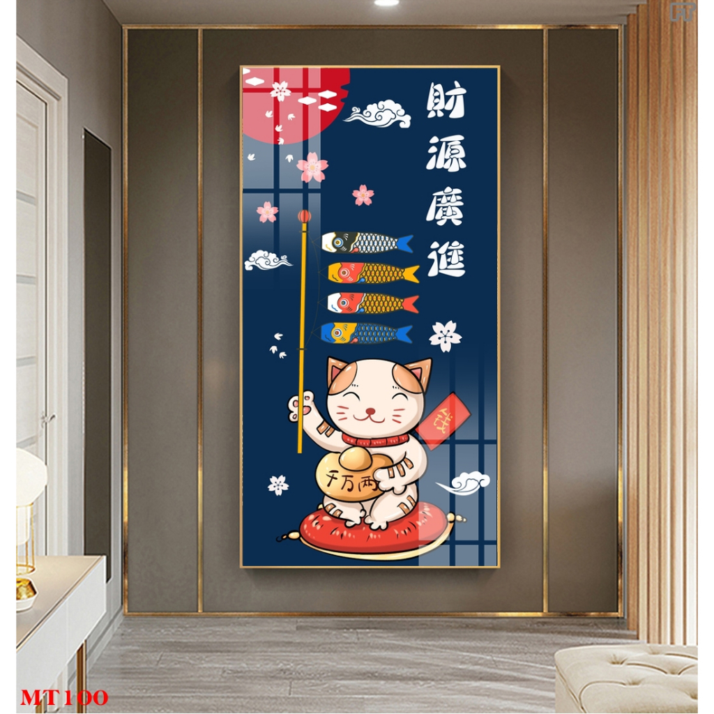 Tranh tráng gương hoặc tranh canvas có khung - Tranh mèo thần tài phát tài phát lộc