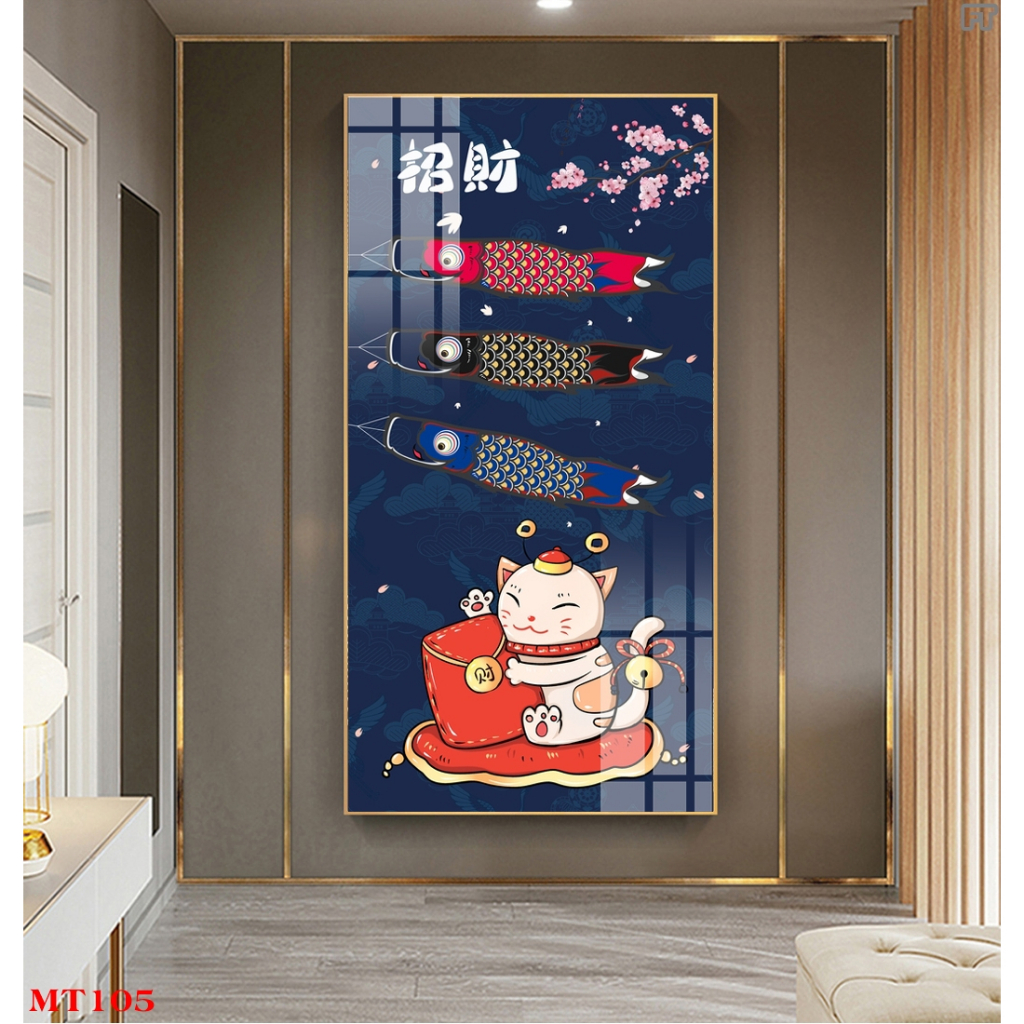 Tranh tráng gương hoặc tranh canvas có khung - Tranh mèo thần tài phát tài phát lộc