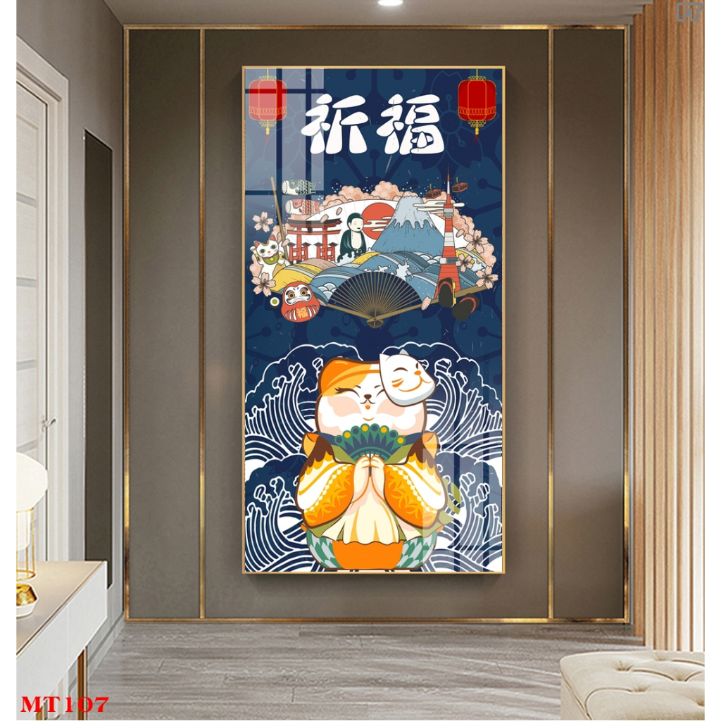 Tranh tráng gương hoặc tranh canvas có khung - Tranh mèo thần tài phát tài phát lộc