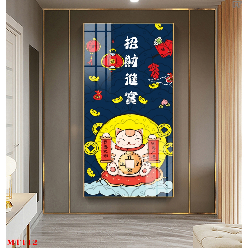 Tranh tráng gương hoặc tranh canvas có khung - Tranh mèo thần tài phát tài phát lộc