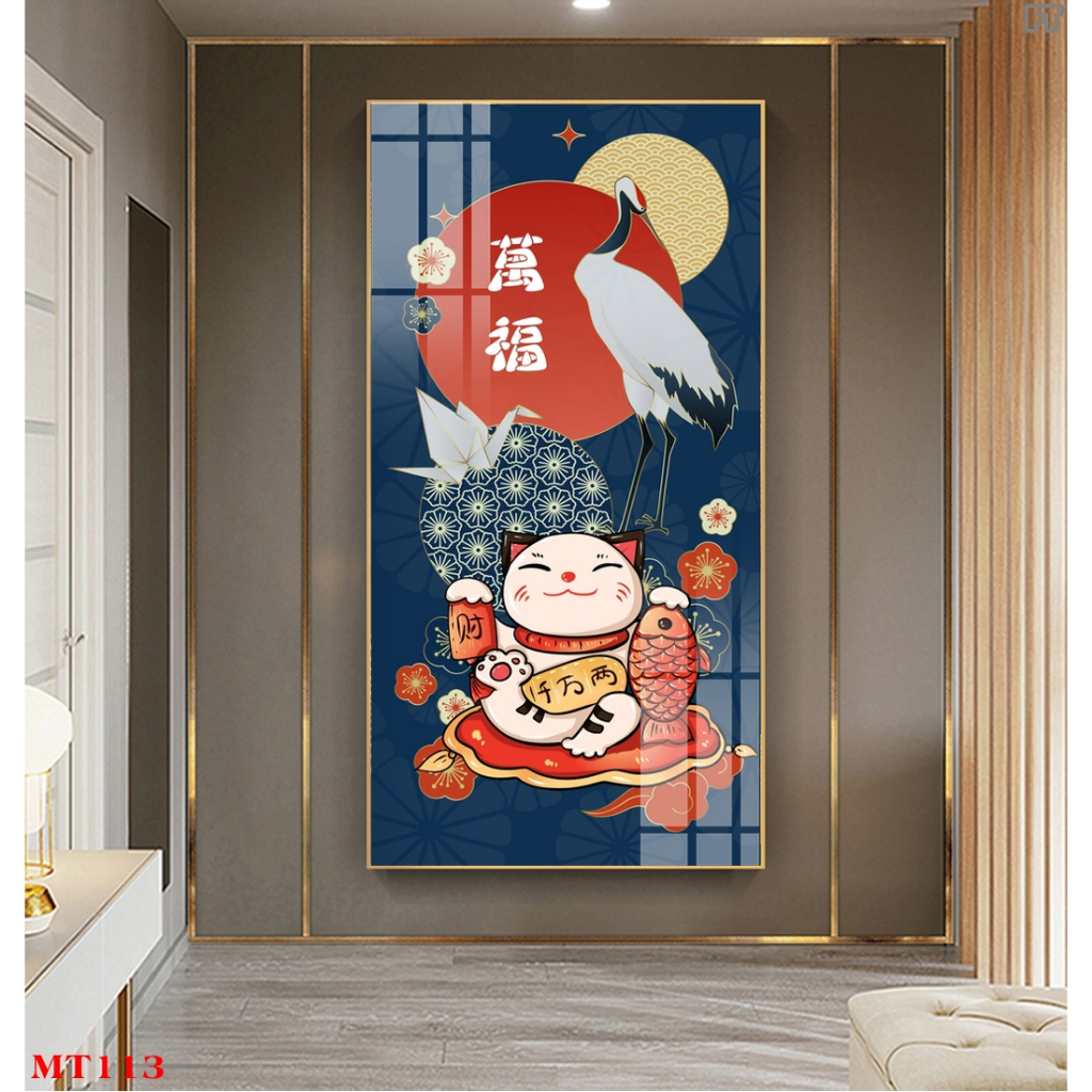 Tranh tráng gương hoặc tranh canvas có khung - Tranh mèo thần tài phát tài phát lộc