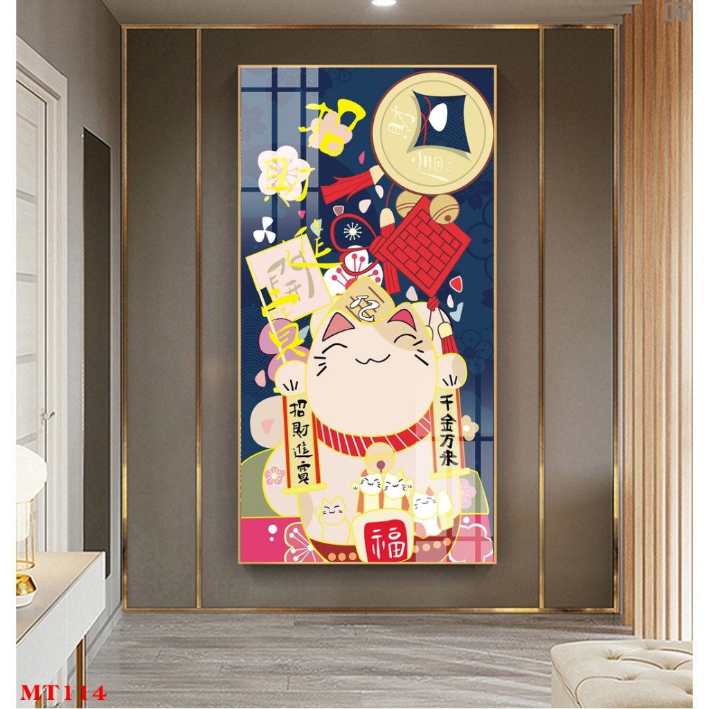 Tranh tráng gương hoặc tranh canvas có khung - Tranh mèo thần tài phát tài phát lộc