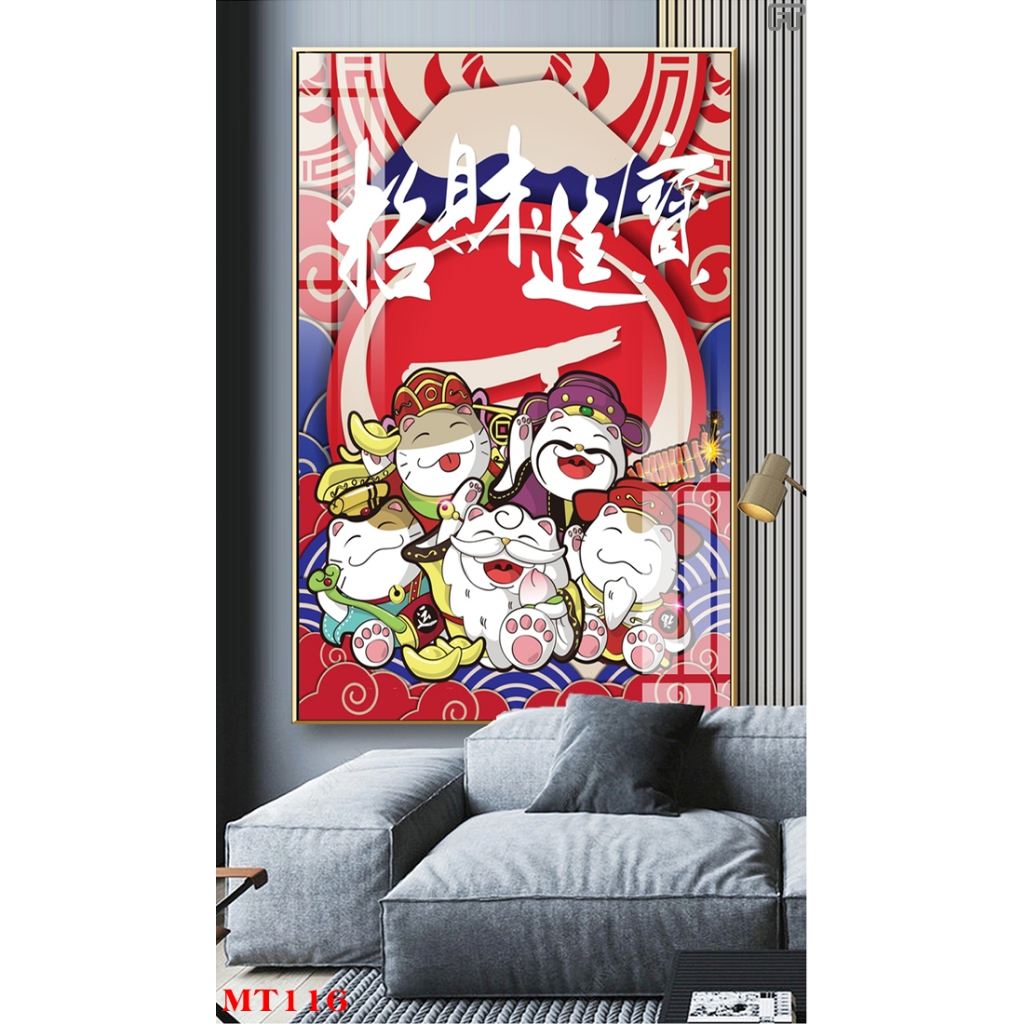 Tranh tráng gương hoặc tranh canvas có khung - Tranh mèo thần tài phát tài phát lộc