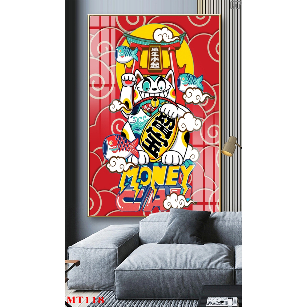 Tranh tráng gương hoặc tranh canvas có khung - Tranh mèo thần tài phát tài phát lộc