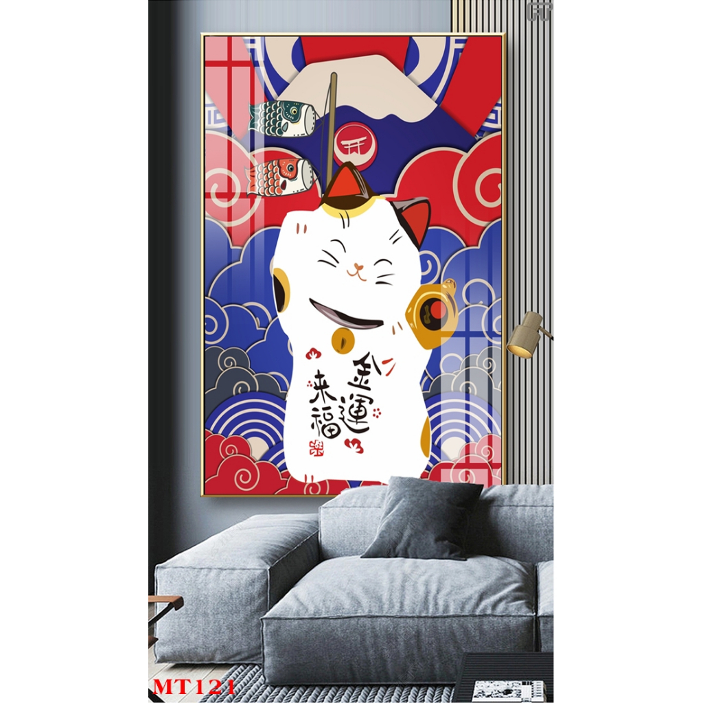 Tranh tráng gương hoặc tranh canvas có khung - Tranh mèo thần tài phát tài phát lộc
