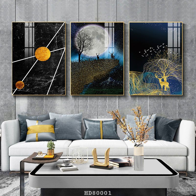 Bộ 3 bức tranh lớn tráng gương 60x40cm hoặc tranh canvas có khung treo tường