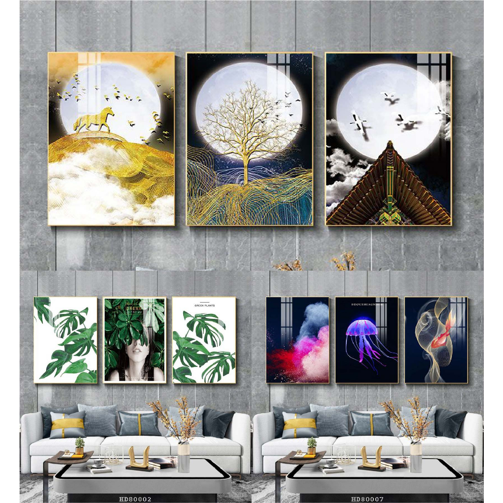 Bộ 3 bức tranh lớn tráng gương 60x40cm hoặc tranh canvas có khung treo tường