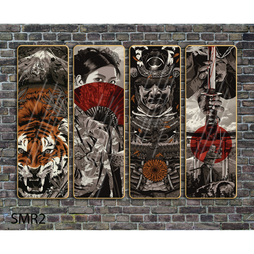 Tranh tráng gương cao cấp bộ 4 bức mẫu samurai - cổ nhật bản - chiến binh sắt
