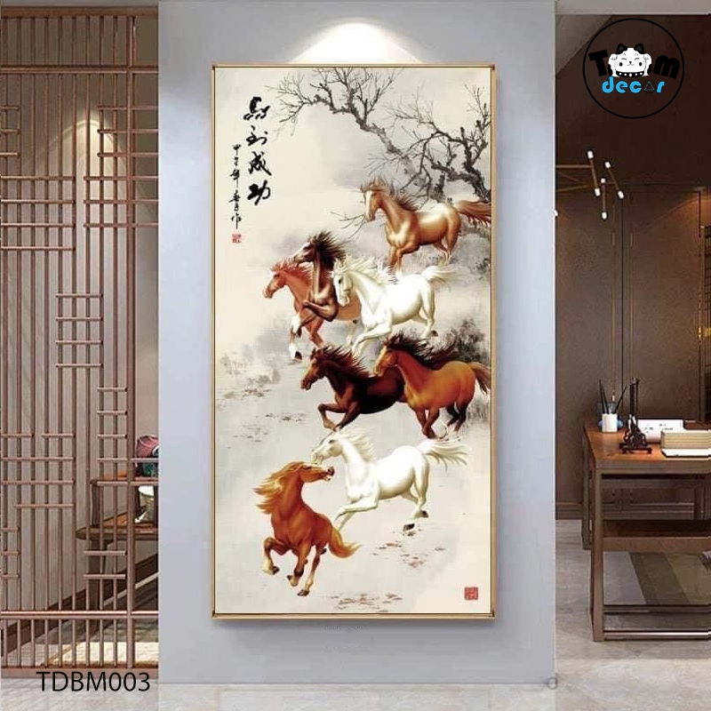 Tranh Ngựa Bát Mã Khổ Dọc - Tranh Tráng Gương - Tranh Canvas Mã Đáo Thành Công