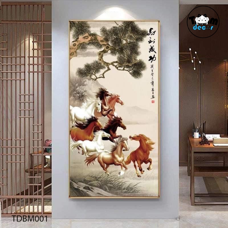 Tranh Ngựa Bát Mã Khổ Dọc - Tranh Tráng Gương - Tranh Canvas Mã Đáo Thành Công