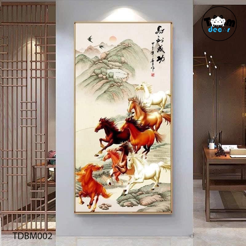 Tranh Ngựa Bát Mã Khổ Dọc - Tranh Tráng Gương - Tranh Canvas Mã Đáo Thành Công