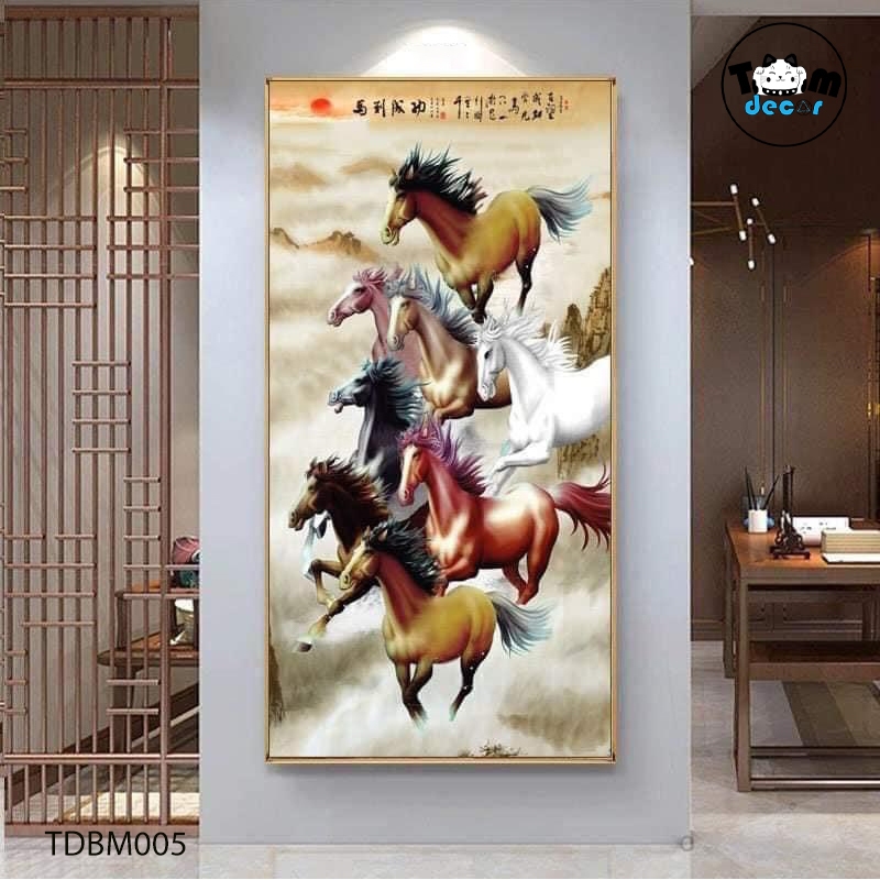 Tranh Ngựa Bát Mã Khổ Dọc - Tranh Tráng Gương - Tranh Canvas Mã Đáo Thành Công