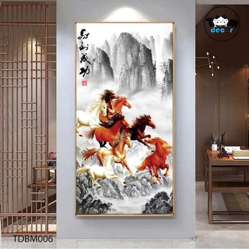 Tranh Ngựa Bát Mã Khổ Dọc - Tranh Tráng Gương - Tranh Canvas Mã Đáo Thành Công