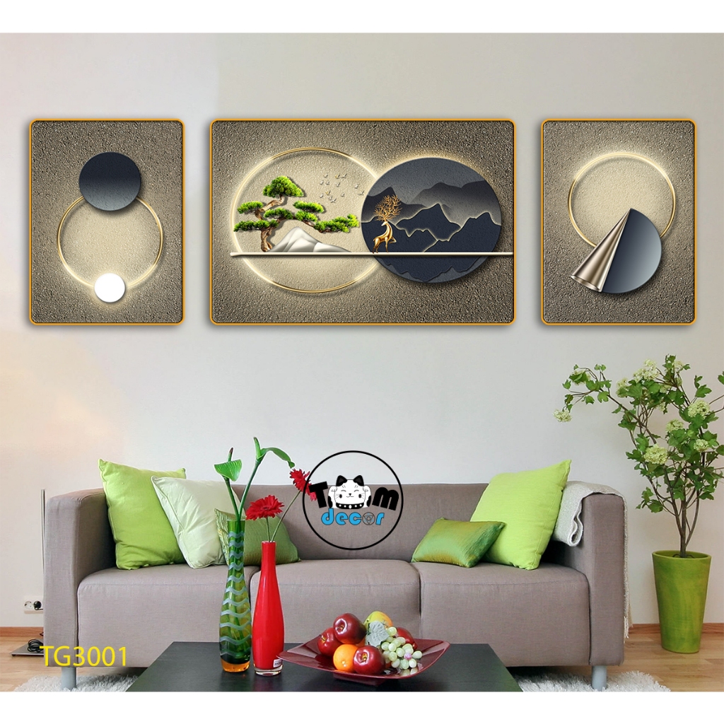 Tranh tráng gương 3D 60x160cm hưu nai cao cấp combo bộ 3 bức treo tường kèm đinh treo  TG3002