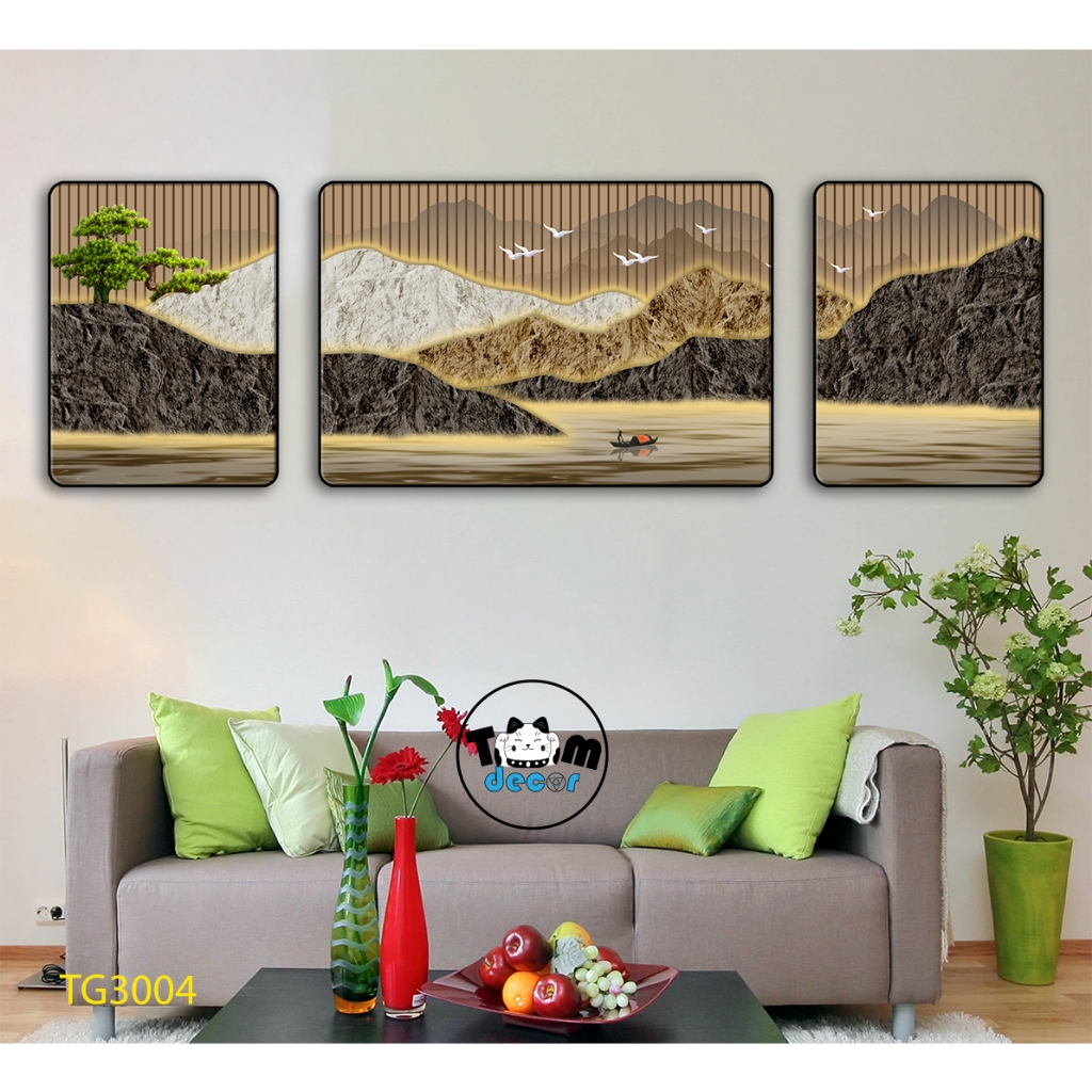 Tranh tráng gương 3D 60x160cm hưu nai cao cấp combo bộ 3 bức treo tường kèm đinh treo  TG3002