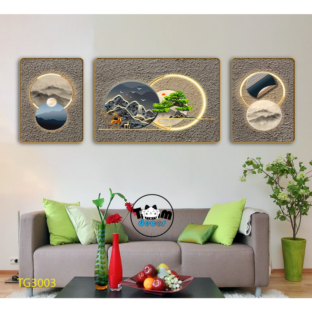 Tranh tráng gương 3D 60x160cm hưu nai cao cấp combo bộ 3 bức treo tường kèm đinh treo TG3003