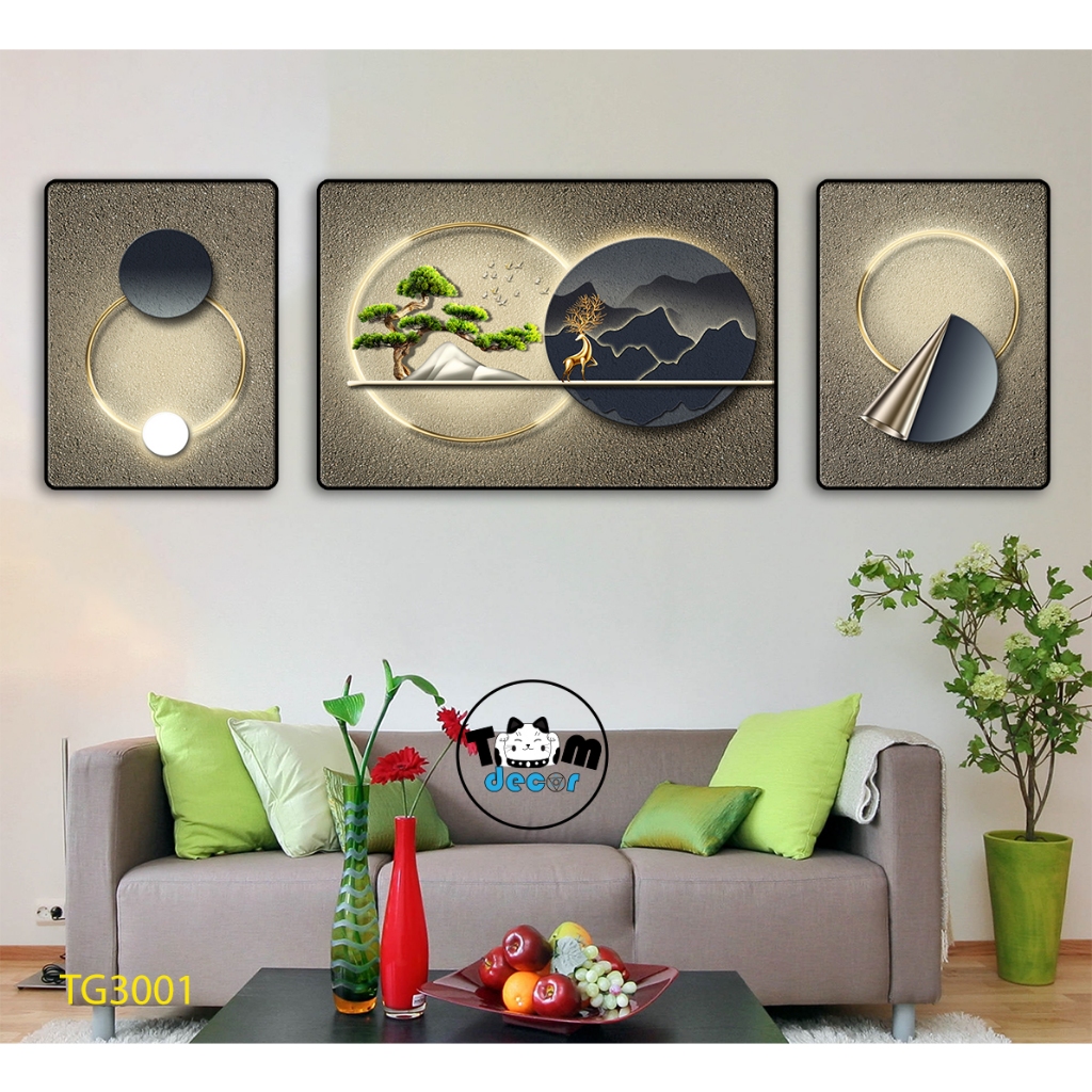 Tranh tráng gương 3D 60x160cm hưu nai cao cấp combo bộ 3 bức treo tường kèm đinh treo TG3003