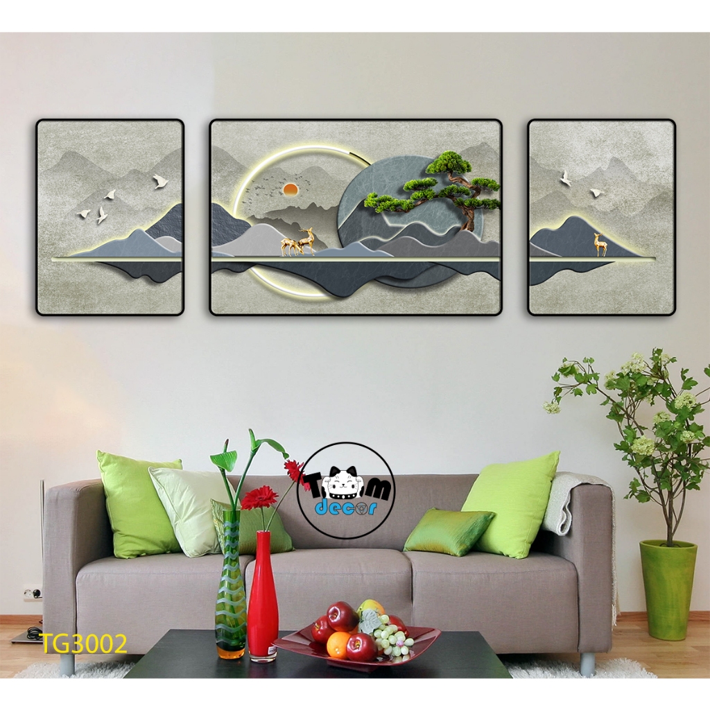 Tranh tráng gương 3D 60x160cm hưu nai cao cấp combo bộ 3 bức treo tường kèm đinh treo TG3004