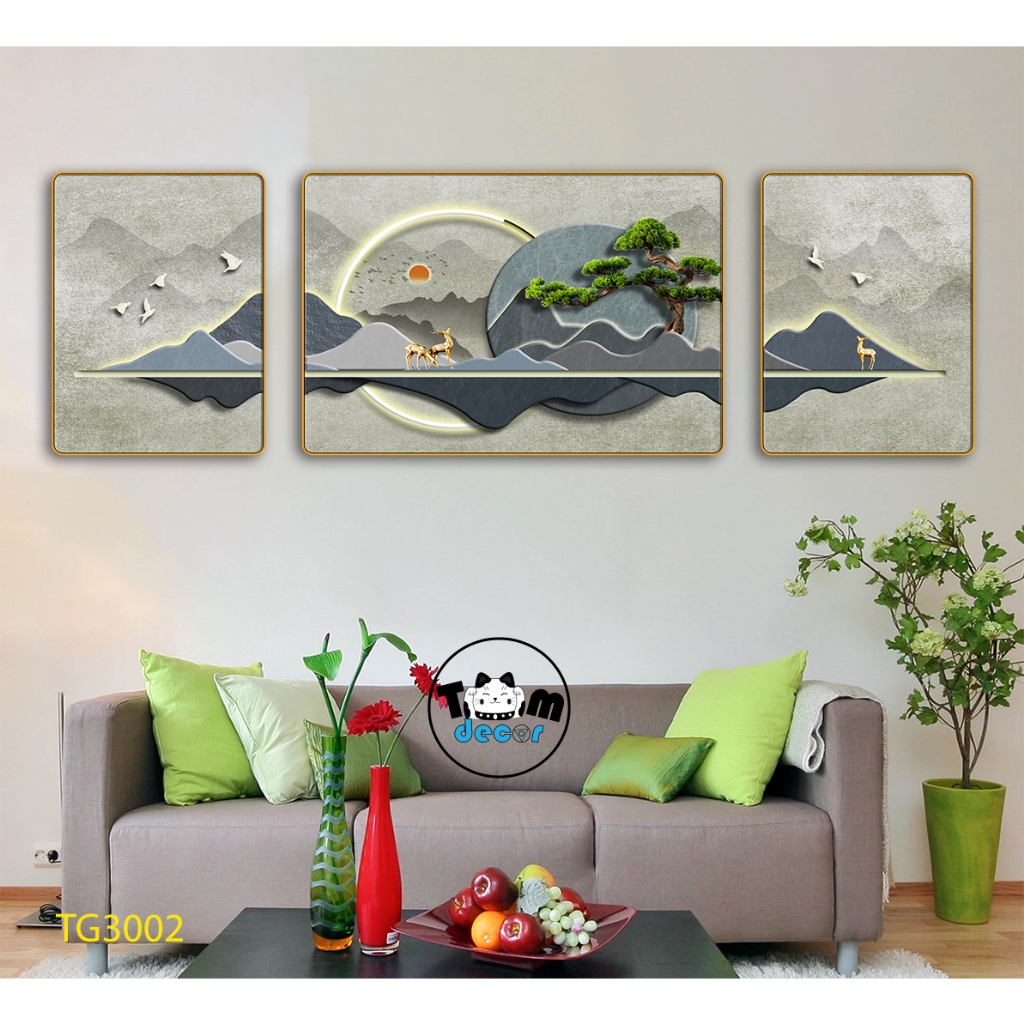 Tranh tráng gương 3D 60x160cm hưu nai cao cấp combo bộ 3 bức treo tường kèm đinh treo TG3004