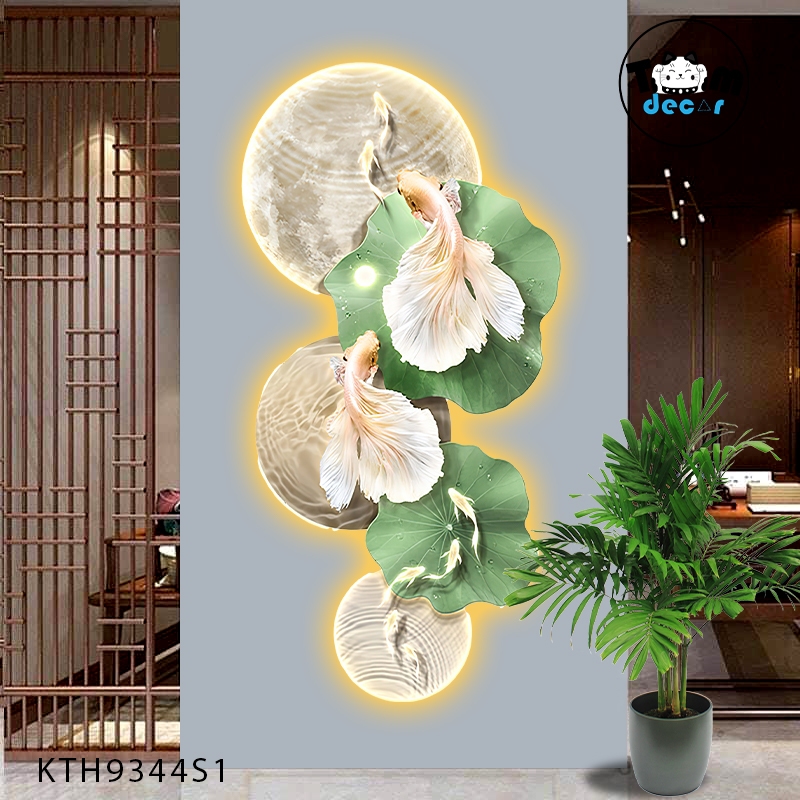 Tranh 3D đèn Led Có Remot Điều Khiển Liên Ngư Hội Tụ Hoa Sen Cao Cấp Tráng Gương