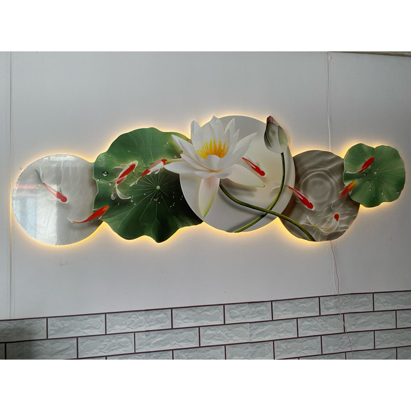 Tranh Pha Lê Tráng Gương Liên Ngư - Cá Koi - Lá Sen Có Led Điện Cao Cấp