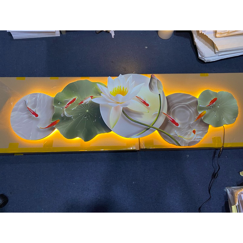 Tranh Pha Lê Tráng Gương Liên Ngư - Cá Koi - Lá Sen Có Led Điện Cao Cấp