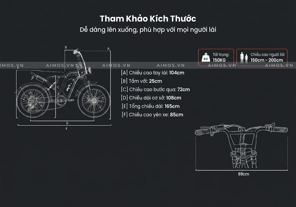 Kích thước xe đạp trợ lực điện PVY A20