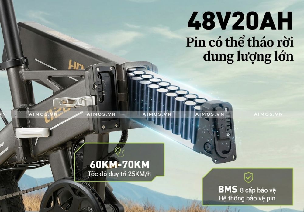 Viên pin 48V 20Ah trên Xe đạp trợ lực điện Burchda R7 Pro có thể tháo rời cực kỳ tiện lợi và mạnh mẽ