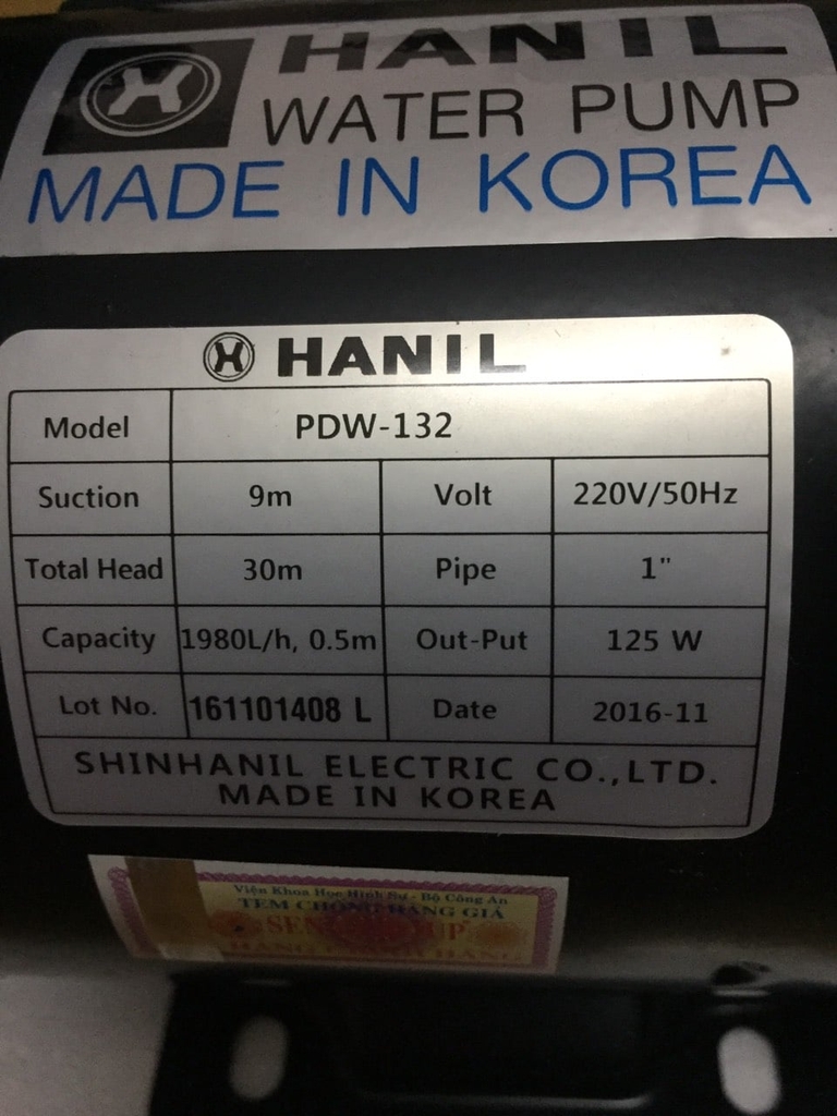 Máy bơm nước chân không hút đẩy Hanil PDW 132 (125w) - Nhập Hàn Quốc