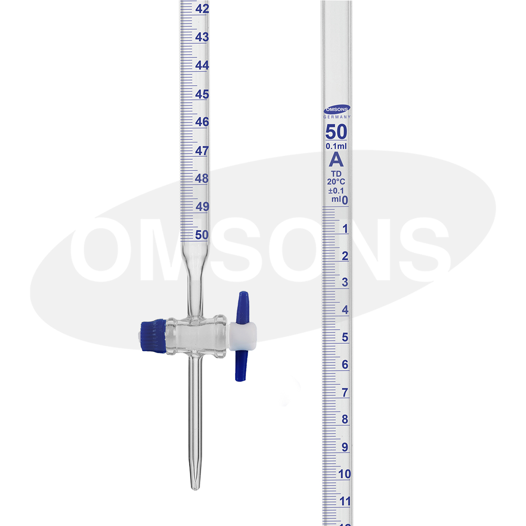 Buret thủy tinh khóa nhựa PTFE 25ml, Class A, Hãng OMSONS GERMANY