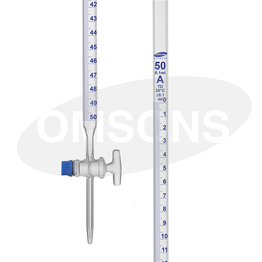 Buret thẳng khóa thủy tinh 50ml, Class B, Hãng OMSONS GERMANY