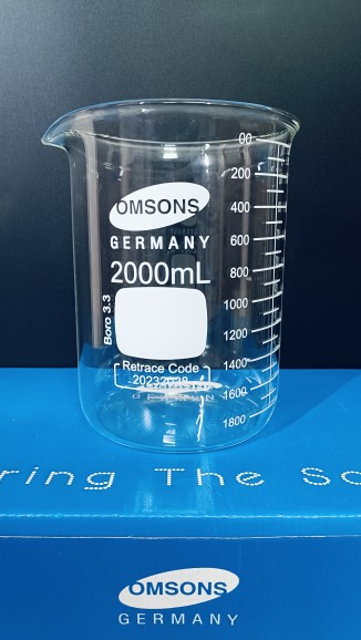 Cốc thủy tinh 2000ml có mỏ, chia vạch, Hãng OMSONS GERMANY