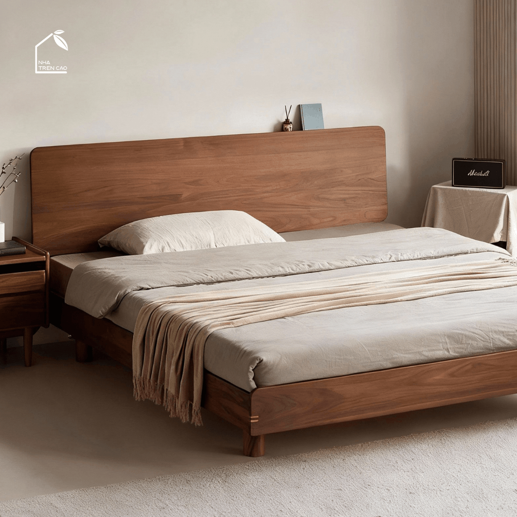 HONA, GN_017, Giường ngủ phong cách sang trọng tối giản, 200x160x100cm, Plywood phủ Veneer, Nội thất Nhà trên cao