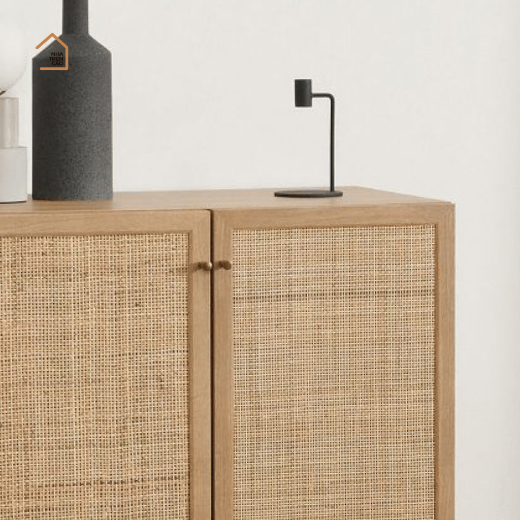 MEY, Tủ lưu trữ phối lưới mây hài hòa công năng, 70x40x90cm, MDF phủ melamine, Nội thất Nhà Trên Cao