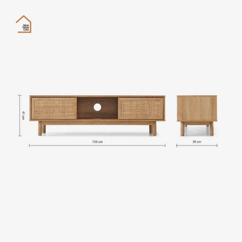 MEY, Kệ TV phối lưới mây cân bằng thẩm mỹ, 135x40x40cm, MDF phủ Melamine, Nội thất Nhà Trên Cao