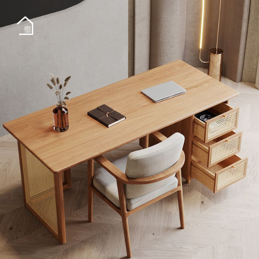 SAER, Bàn làm việc sang trọng hiện đại, BLV_007, 140x60x75cm, Gỗ cao su phủ Veneer phối lưới mây tre, Nội thất Nhà Trên Cao