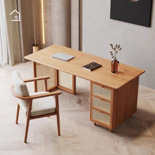 SAER, Bàn làm việc sang trọng hiện đại, BLV_007, 140x60x75cm, Gỗ cao su phủ Veneer phối lưới mây tre, Nội thất Nhà Trên Cao