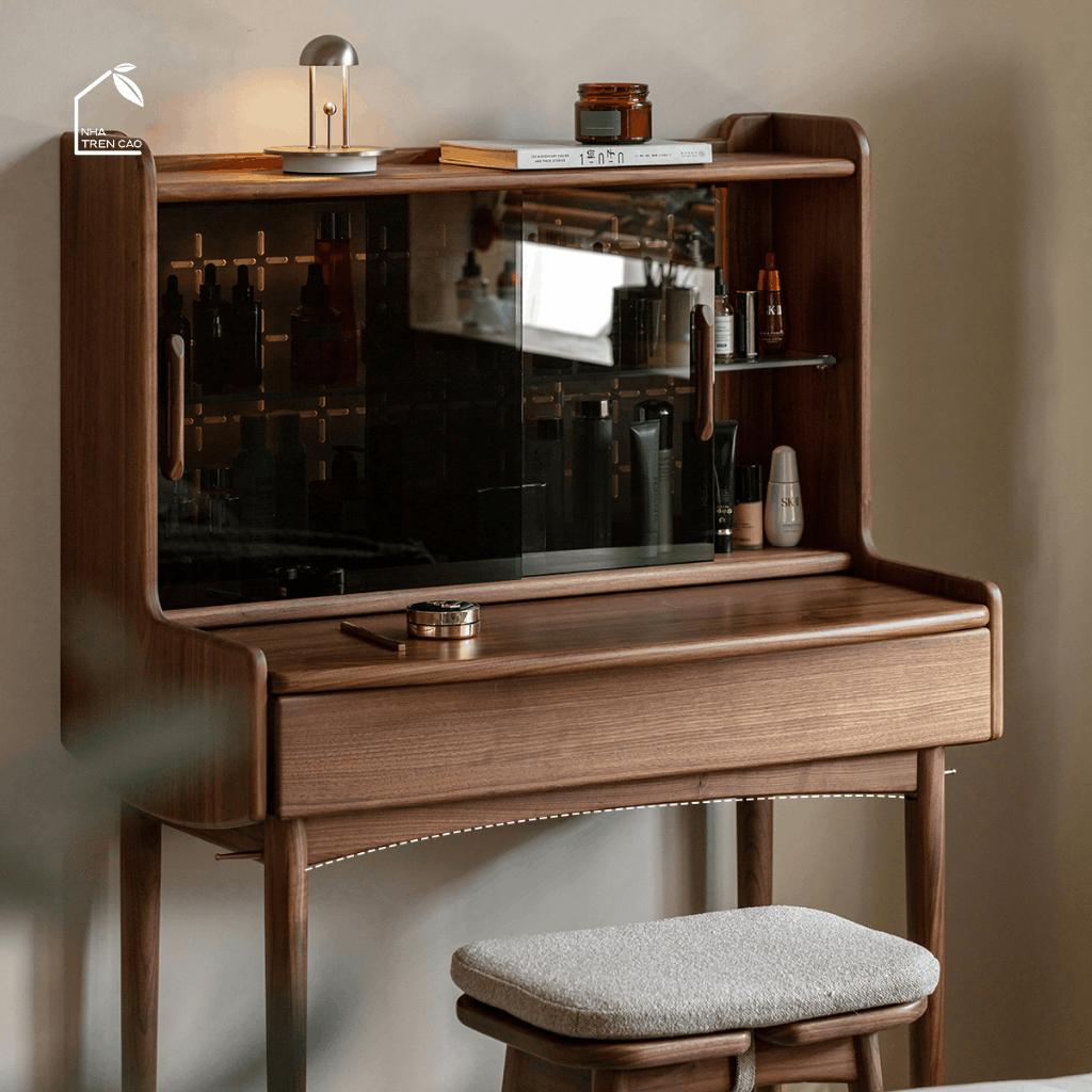 SOLIN, BTD_039, Bàn trang điểm phối kính, 90x45x130cm, Plywood phủ veneer, Nội thất Nhà Trên Cao