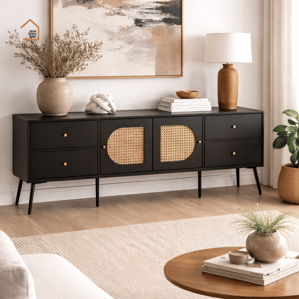 GALON,TTV_002, Kệ tivi phối lưới mây tre tối giản, 180x40x55cm, Gỗ MDF phủ sơn 2K, Nội thất Nhà trên cao