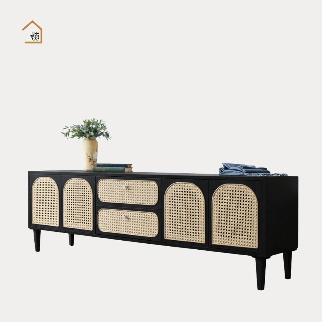 GALON, TTV_024, Kệ tivi phối lưới mây tre, 180x40x55cm, Gỗ MDF phủ sơn 2K, Nội thất Nhà trên cao