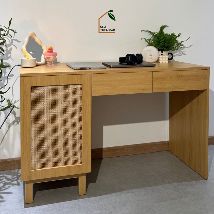 MEY, BLV_003, Bàn làm việc phối lưới mây tre thanh lịch, 120x50x75cm, Nội thất Nhà Trên Cao