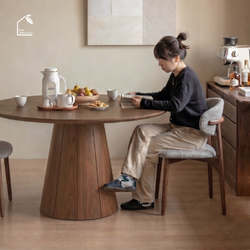 SOLIN, BA_004, bàn ăn tròn hiện đại, 90x90x75cm, Plywood phủ veneer, Nội thất Nhà trên cao