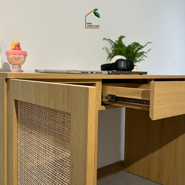 MEY, BLV_003, Bàn làm việc phối lưới mây tre thanh lịch, 120x50x75cm, Nội thất Nhà Trên Cao
