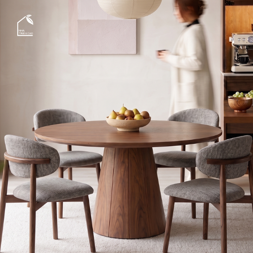 SOLIN, BA_004, bàn ăn tròn hiện đại, 90x90x75cm, Plywood phủ veneer, Nội thất Nhà trên cao