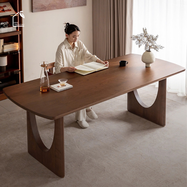 LUNA, BA_004, bàn ăn gia đình thiết kế vòng cung sang trọng, 160x85x76cm, Plywood phủ veneer, Nội thất Nhà trên cao
