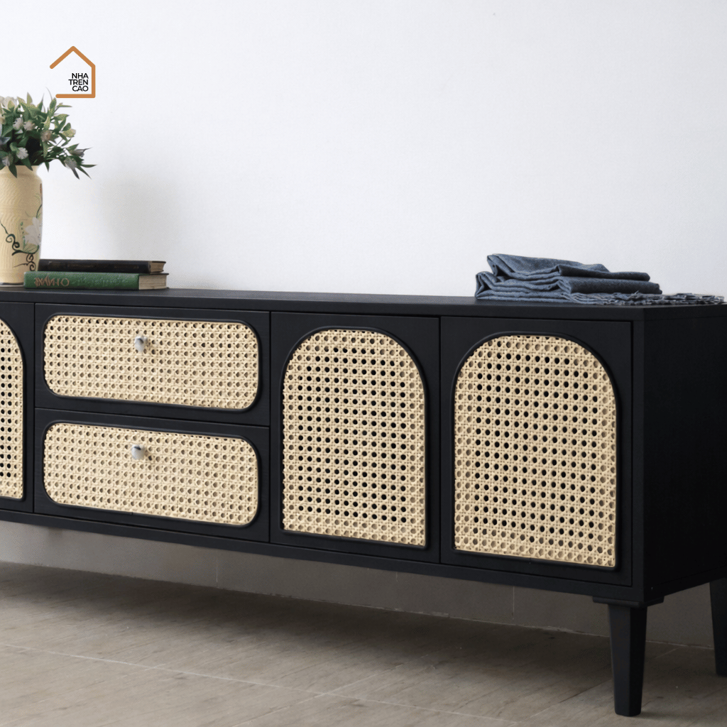 GALON, TTV_024, Kệ tivi phối lưới mây tre, 180x40x55cm, Gỗ MDF phủ sơn 2K, Nội thất Nhà trên cao