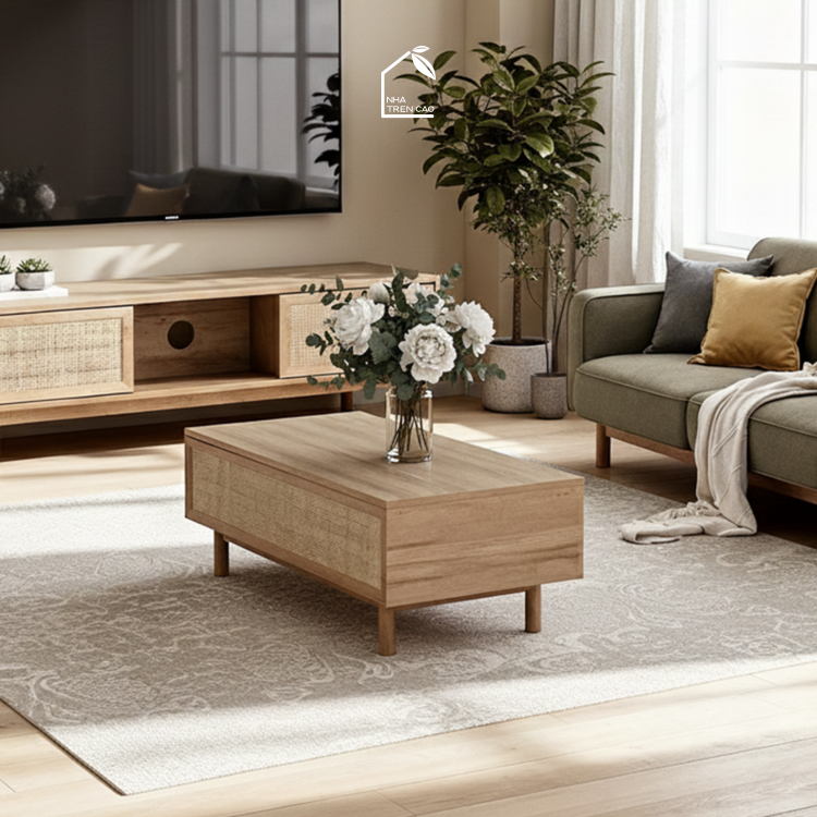 MEY, BT_016, Bàn trà phối lưới mây tre thanh lịch, 100x50x40cm, Nội thất Nhà Trên Cao