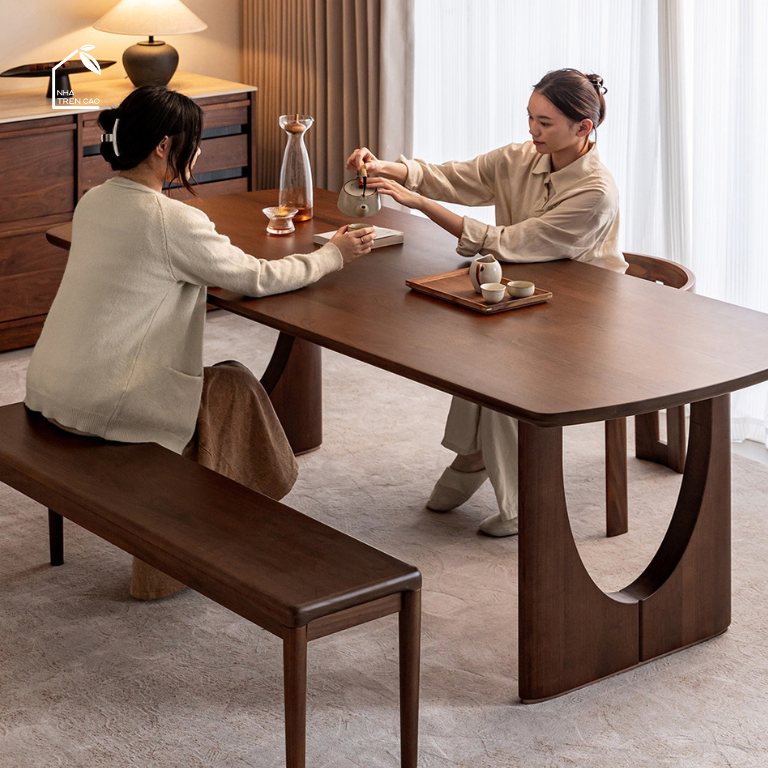 LUNA, BA_004, bàn ăn gia đình thiết kế vòng cung sang trọng, 160x85x76cm, Plywood phủ veneer, Nội thất Nhà trên cao